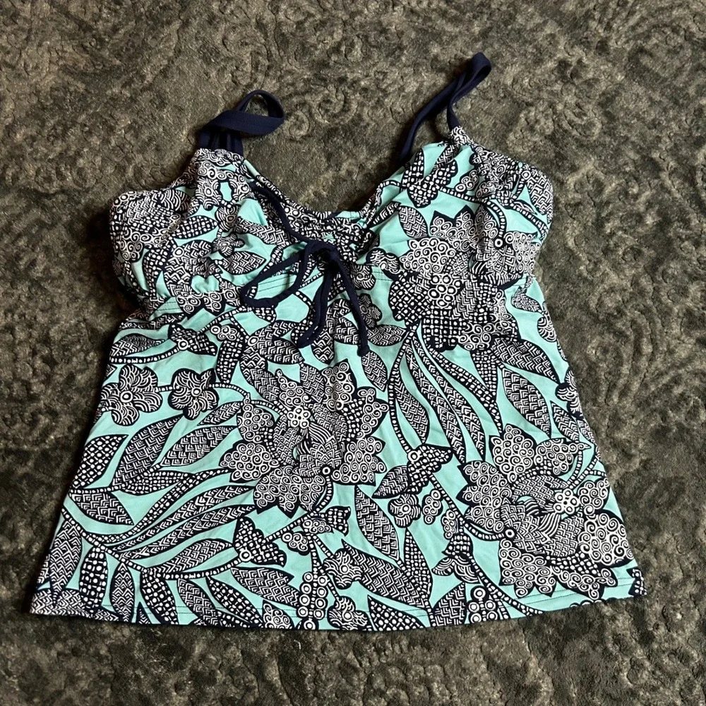 Lands End‎ Tankini Top Womens 4 DD Turquoise Navy Blue Floral Underwire Swimwear